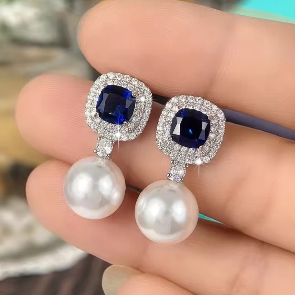 White Rhodium Sapphire Pearl Drop Earrings